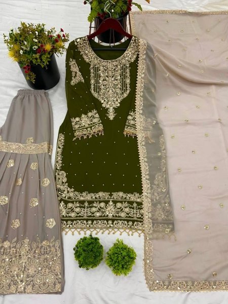 Elite Green Embroidered Palazzo Suit Festive Georgette Set for All Occasions Ready To Wear Collection