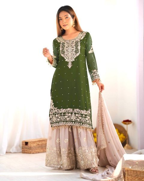 Elite Green Embroidered Palazzo Suit Festive Georgette Set for All Occasions Ready To Wear Collection
