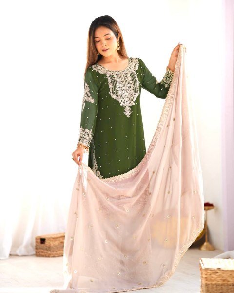Elite Green Embroidered Palazzo Suit Festive Georgette Set for All Occasions Ready To Wear Collection