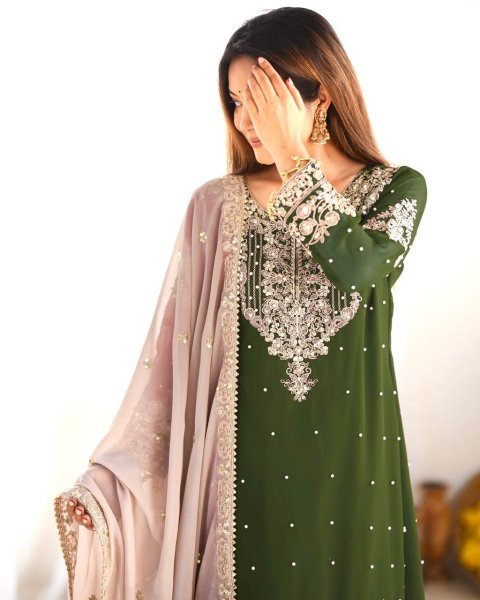 Elite Green Embroidered Palazzo Suit Festive Georgette Set for All Occasions Ready To Wear Collection
