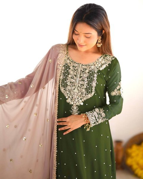 Elite Green Embroidered Palazzo Suit Festive Georgette Set for All Occasions Ready To Wear Collection