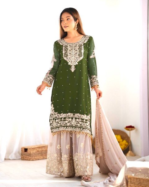 Elite Green Embroidered Palazzo Suit Festive Georgette Set for All Occasions Ready To Wear Collection