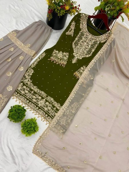 Elite Green Embroidered Palazzo Suit Festive Georgette Set for All Occasions Ready To Wear Collection