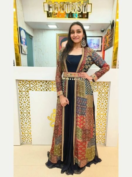 Elite Green French Crepe Koti with Digital Print   Ruffle Gown for Festive Functions Ready To Wear Suit