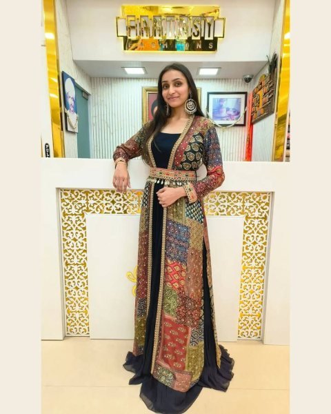 Elite Green French Crepe Koti with Digital Print   Ruffle Gown for Festive Functions Ready To Wear Collection