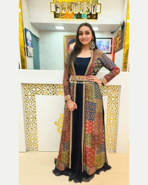 Elite Green French Crepe Koti with Digital Print   Ruffle Gown for Festive Functions Ready To Wear Collection