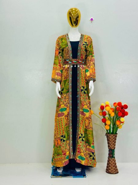 Elite Green French Crepe Koti with Digital Print   Ruffle Gown for Festive Functions Ready To Wear Collection