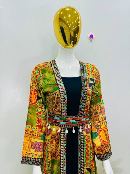 Elite Green French Crepe Koti with Digital Print   Ruffle Gown for Festive Functions Ready To Wear Collection