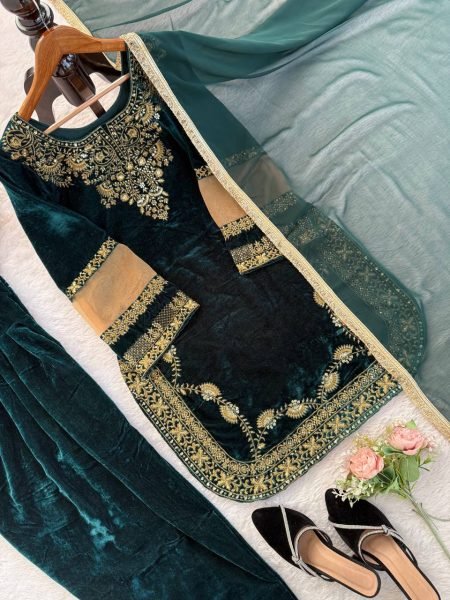 Elite Viscose Velvet Thread   Sequence Work Suit Set with Fancy Dupatta for Reception Wear Ready To Wear Collection