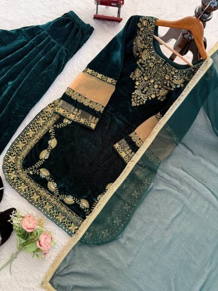 Elite Viscose Velvet Thread   Sequence Work Suit Set with Fancy Dupatta for Reception Wear Ready To Wear Collection