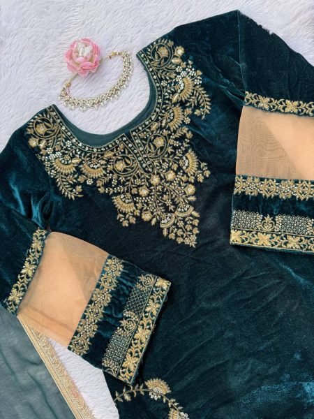 Elite Viscose Velvet Thread   Sequence Work Suit Set with Fancy Dupatta for Reception Wear Ready To Wear Collection