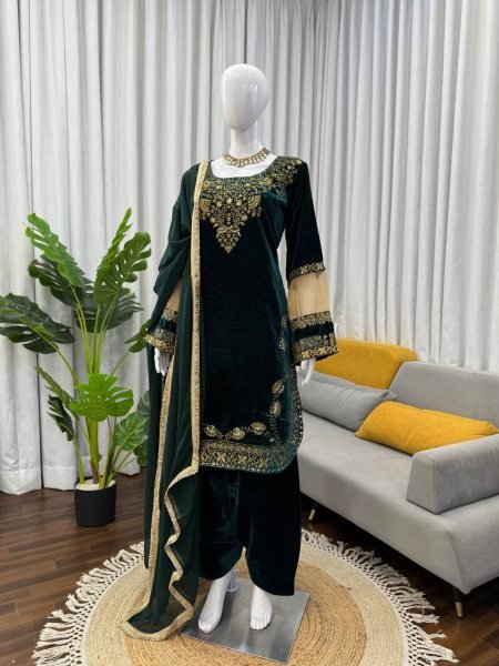 Elite Viscose Velvet Thread   Sequence Work Suit Set with Fancy Dupatta for Reception Wear Ready To Wear Collection