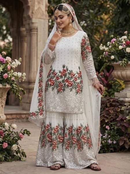 Elitecore White Fendy Silk Designer Sharara Set with Heavy Work