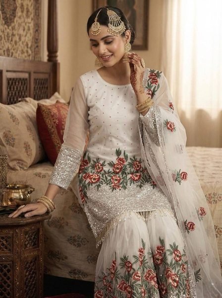 Elitecore White Fendy Silk Designer Sharara Set with Heavy Work Ready To Wear Collection