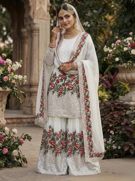 Elitecore White Fendy Silk Designer Sharara Set with Heavy Work Ready To Wear Collection