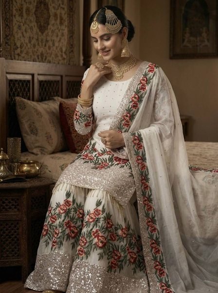 Elitecore White Fendy Silk Designer Sharara Set with Heavy Work Ready To Wear Collection