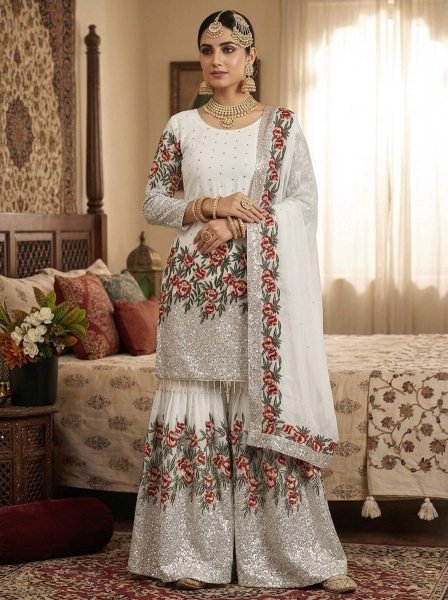 Elitecore White Fendy Silk Designer Sharara Set with Heavy Work Ready To Wear Collection