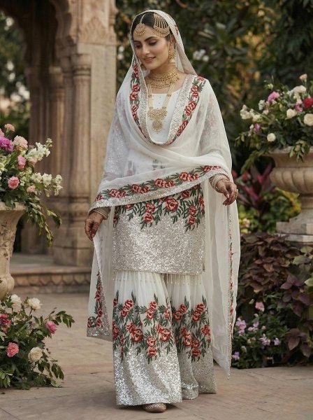 Elitecore White Fendy Silk Designer Sharara Set with Heavy Work Ready To Wear Collection