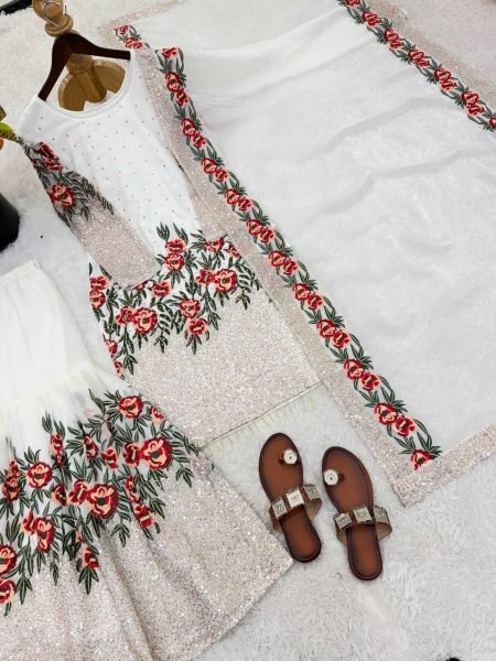 Elitecore White Fendy Silk Designer Sharara Set with Heavy Work Ready To Wear Collection