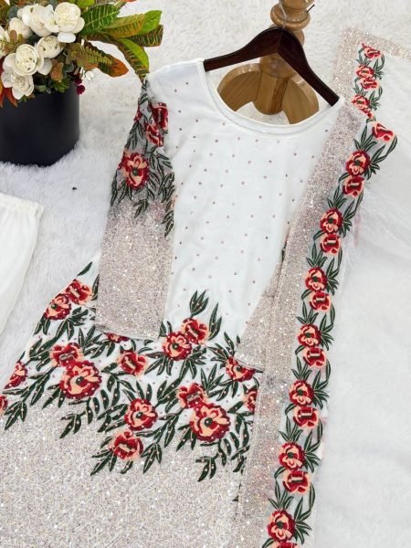 Elitecore White Fendy Silk Designer Sharara Set with Heavy Work Ready To Wear Collection