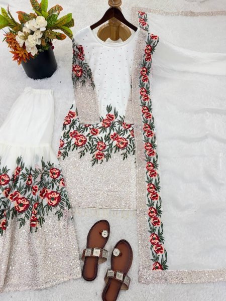 Elitecore White Fendy Silk Designer Sharara Set with Heavy Work Ready To Wear Collection