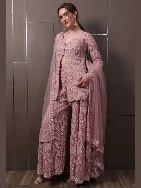 Embellished Faux Georgette Thread Sequin Embroidered Top Plazzo Set for Wedding Wear 