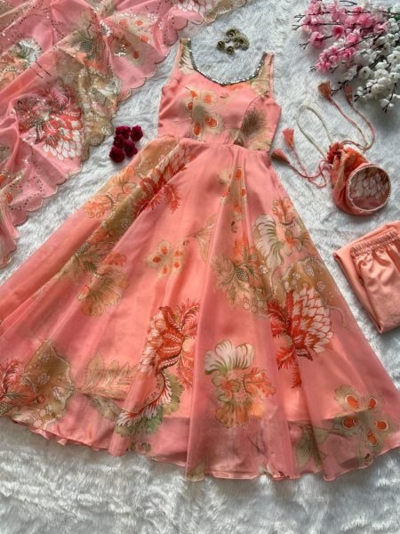 Embellished Peach Organza Silk Mirror Work on Neckline Anarkali for Boutique Buyers Kurtis