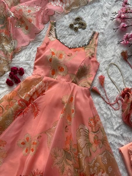 Embellished Peach Organza Silk Mirror Work on Neckline Anarkali for Boutique Buyers Anarkali Kurtis 