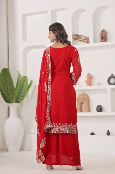 Embellished Red 3 Piece Fancy Kurti With Embroidery Sequence Work  Plazzo and Dupatta for Eid Wear Collection Pakistani Suits Wholesale