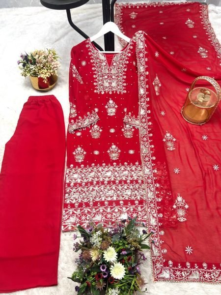 Embellished Red 3 Piece Fancy Kurti With Embroidery Sequence Work  Plazzo and Dupatta for Eid Wear Collection Pakistani Suits Wholesale
