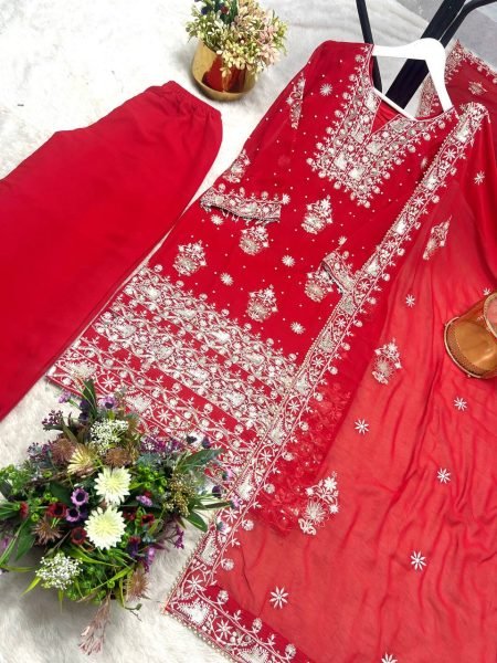 Embellished Red 3 Piece Fancy Kurti With Embroidery Sequence Work  Plazzo and Dupatta for Eid Wear Collection Pakistani Suits Wholesale