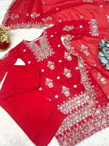 Embellished Red 3 Piece Fancy Kurti With Embroidery Sequence Work  Plazzo and Dupatta for Eid Wear Collection Pakistani Suits Wholesale