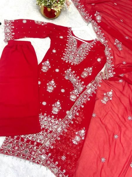 Embellished Red 3 Piece Fancy Kurti With Embroidery Sequence Work  Plazzo and Dupatta for Eid Wear Collection Pakistani Suits Wholesale