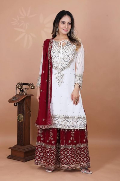 Embroidered Georgette Sharara Set in Red & White Ready-to-Wear Elegance for Celebrations Ready To Wear Collection