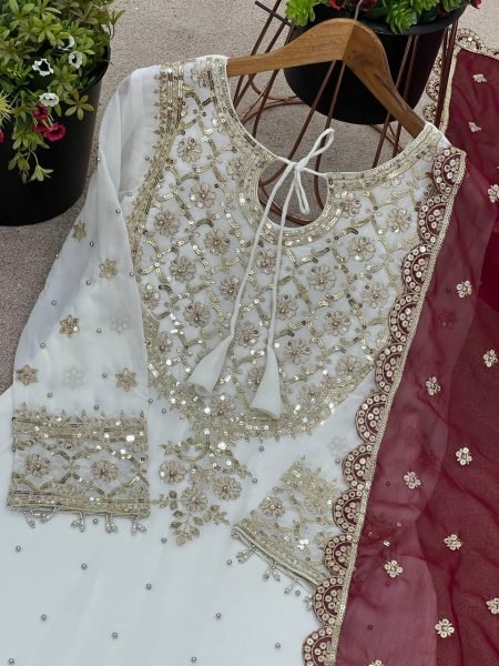 Embroidered Georgette Sharara Set in Red & White Ready-to-Wear Elegance for Celebrations Ready To Wear Collection