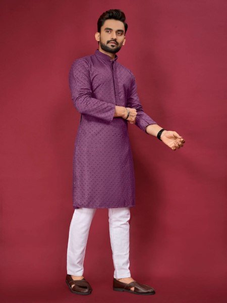 Heavy Kurta Pajama Set for Men Front and Back Lucknowi Work Festive Special Mens Wear