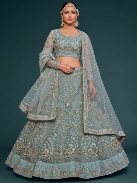 Embroidered Net Lehenga in Sky Blue 