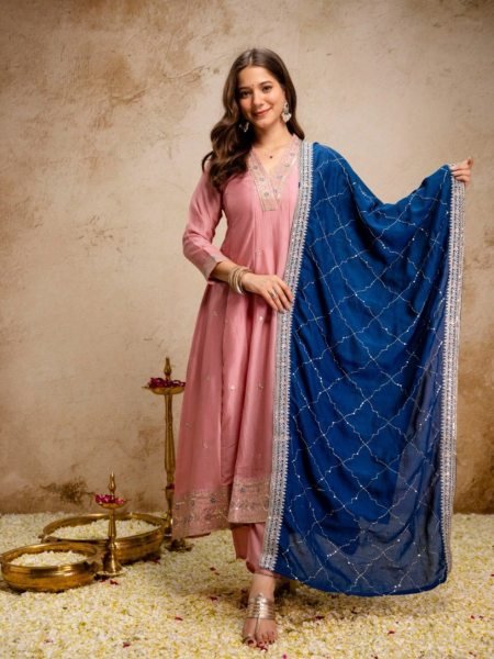 Embroidered Pink Anarkali Suit Set with Pant for Women Party Wear Kurtis