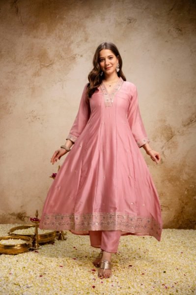 Embroidered Pink Anarkali Suit Set with Pant for Women Party Wear Anarkali Kurtis 