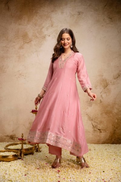 Embroidered Pink Anarkali Suit Set with Pant for Women Party Wear Anarkali Kurtis 