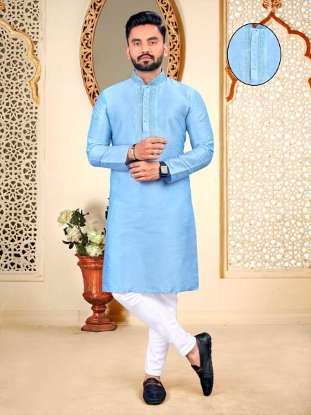 Embroidery Work Neck Pattern Silk Kurta With Pajama Kurta Pajama Wholesale