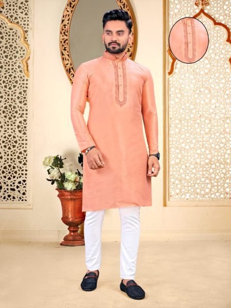 Embroidery Work Neck Pattern Silk Kurta With Pajama Kurta Pajama Wholesale