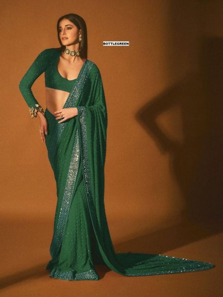 Emerald Green Georgette Sequin Saree For Glamorous Wedding Guest Look Sarees 