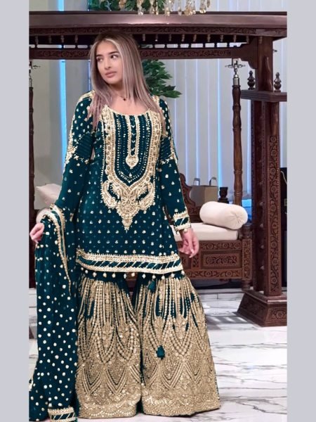 Emerald Green Georgette Sharara Set with Mirror Work Designer Look for Festivals  Ready To Wear Suit