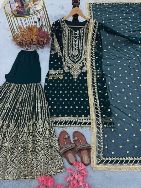 Emerald Green Georgette Sharara Set with Mirror Work Designer Look for Festivals  Ready To Wear Collection