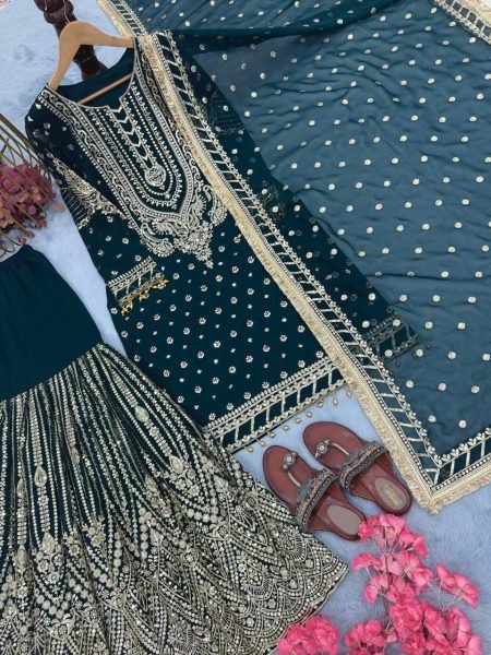 Emerald Green Georgette Sharara Set with Mirror Work Designer Look for Festivals  Ready To Wear Collection
