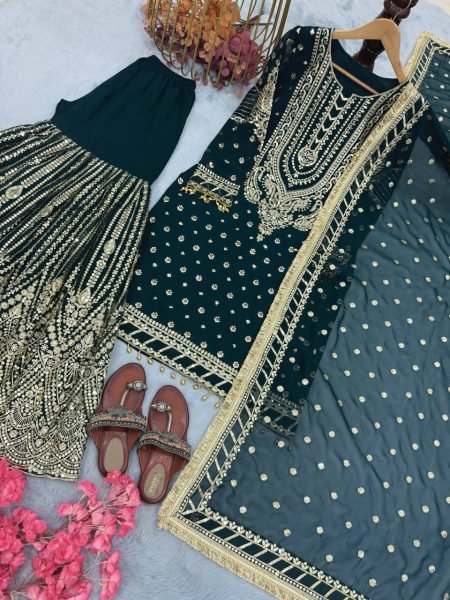 Emerald Green Georgette Sharara Set with Mirror Work Designer Look for Festivals  Ready To Wear Collection