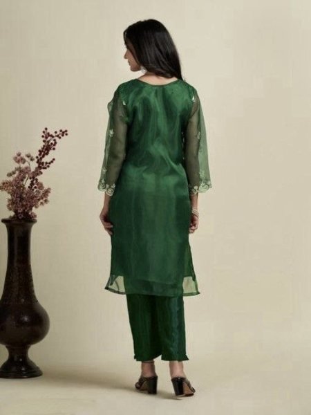 Emerald Green Organza Suit For Women In Reasonable Price  3 Piece Kurti Set