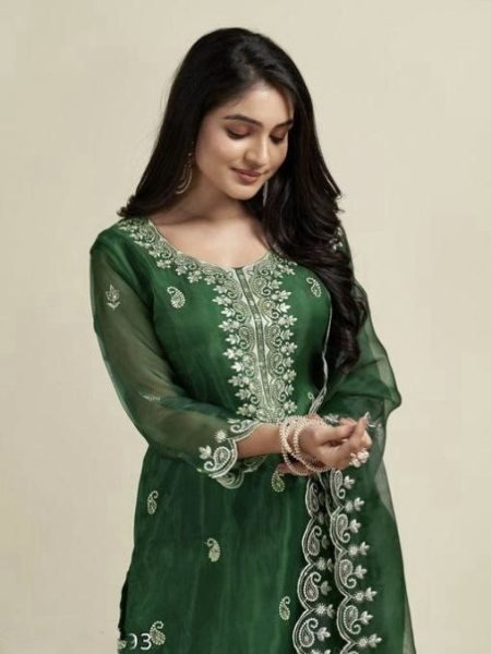 Emerald Green Organza Suit For Women In Reasonable Price  3 Piece Kurti Set