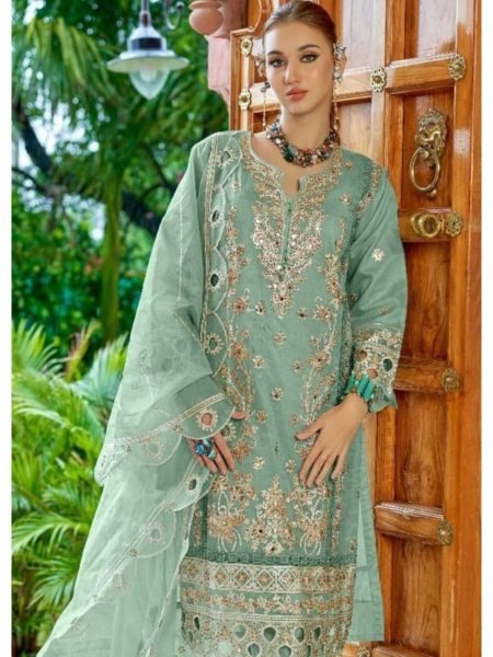 Sea Green Pakistani Organza Salwar Suit with Hand Embroidery Work at Manufacturer Rate Salwar Kameez